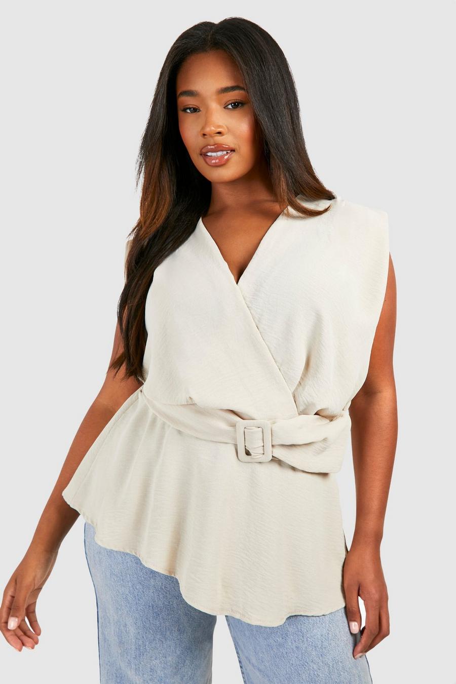 Stone Plus Hammered Belted Wrap Peplum Top