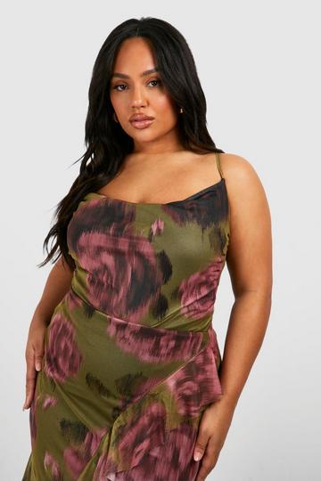 Plus Absract Floral Mesh Cowl Bodysuit khaki