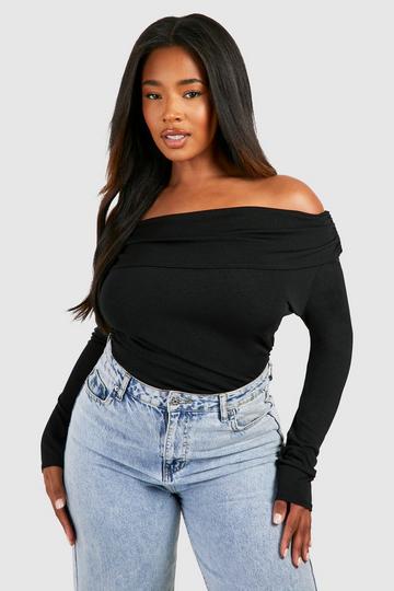 Plus Doorschijnende Off Shoulder Bodysuit Met Dubbele Lagen black