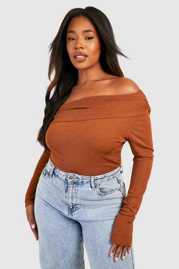 Plus Bardot Sheer Double Layer Bodysuit chocolate