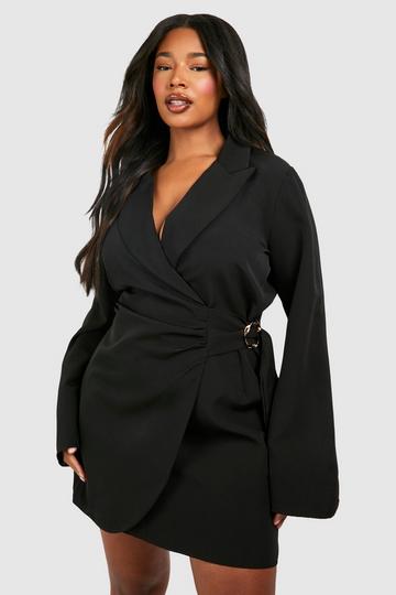 Black Plus Buckle Detail Tie Waist Tailored Blazer Dress