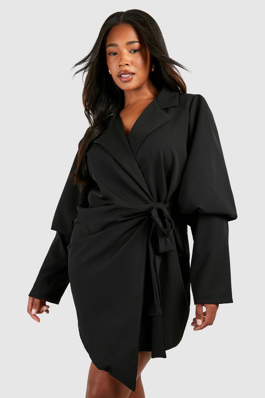 Grande taille - Robe blazer nouée à manches larges, Black image number 1