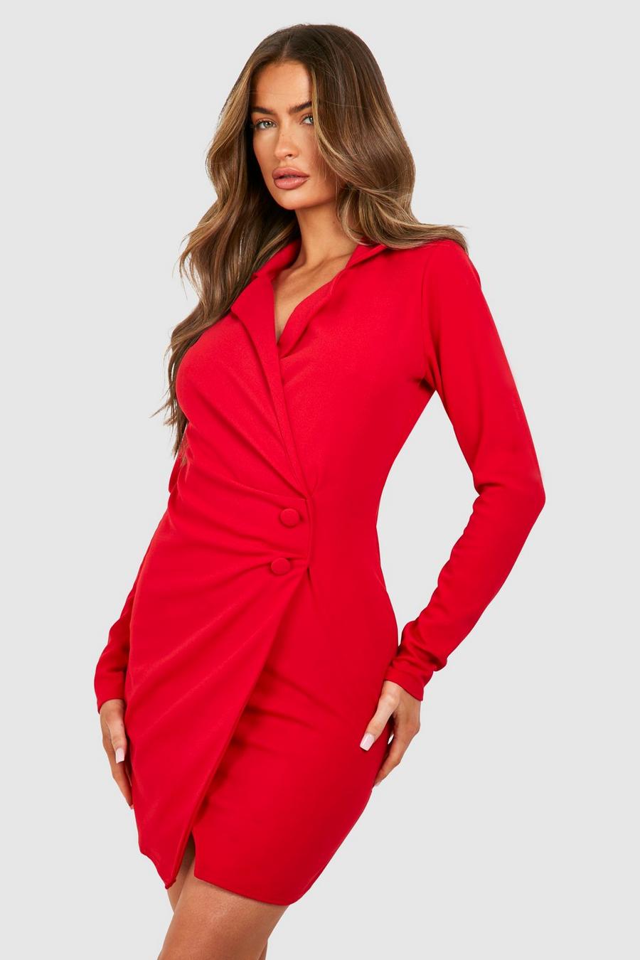 Red Ruched Front Blazer Dress