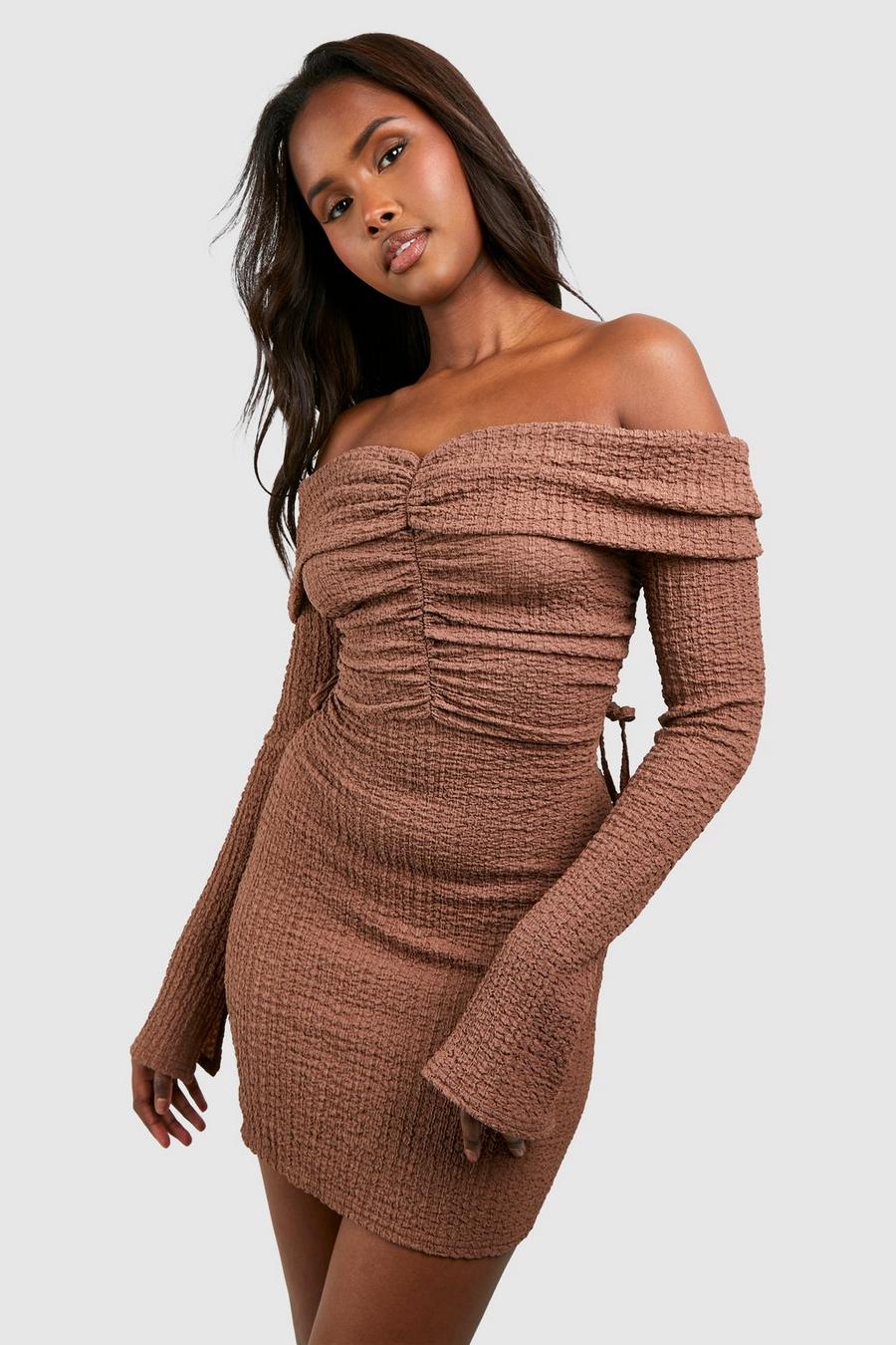Tan brown Crinkle Ruched Off The Shoulder Mini Dress
