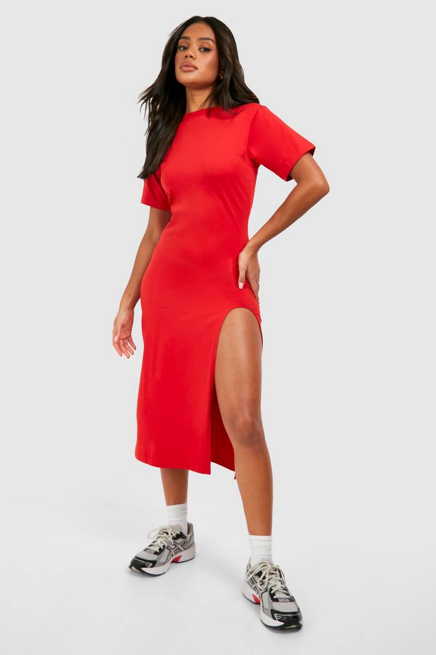 Red High Split Midaxi T-shirt Dress