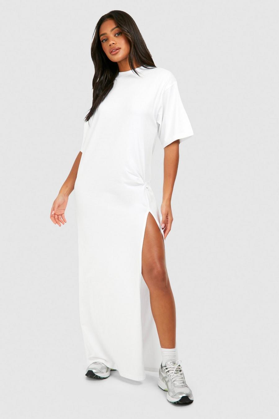 T-Shirt-Kleid mit Knoten-Detail und hohem Schlitz, White