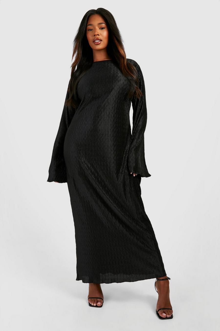 Black Plus Wave Plisse Flared Sleeve Comlumn Maxi Dress