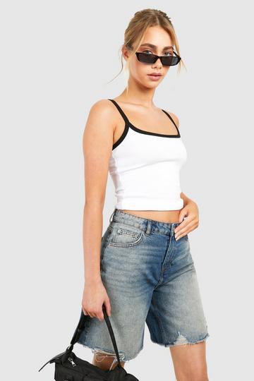 Longline Fray Hem Boyfriend Jean Shorts mid blue