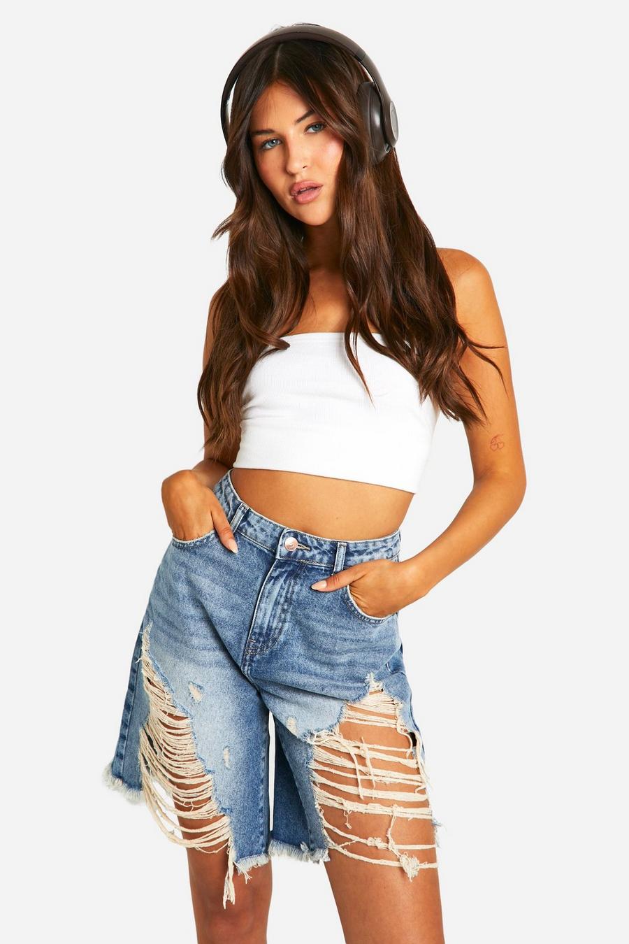 Blue High Waisted Extreme Distressed Denim Shorts