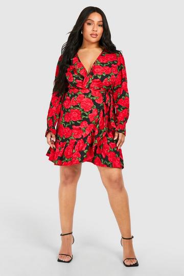 Plus Floral Long Sleeve Wrap Dress black