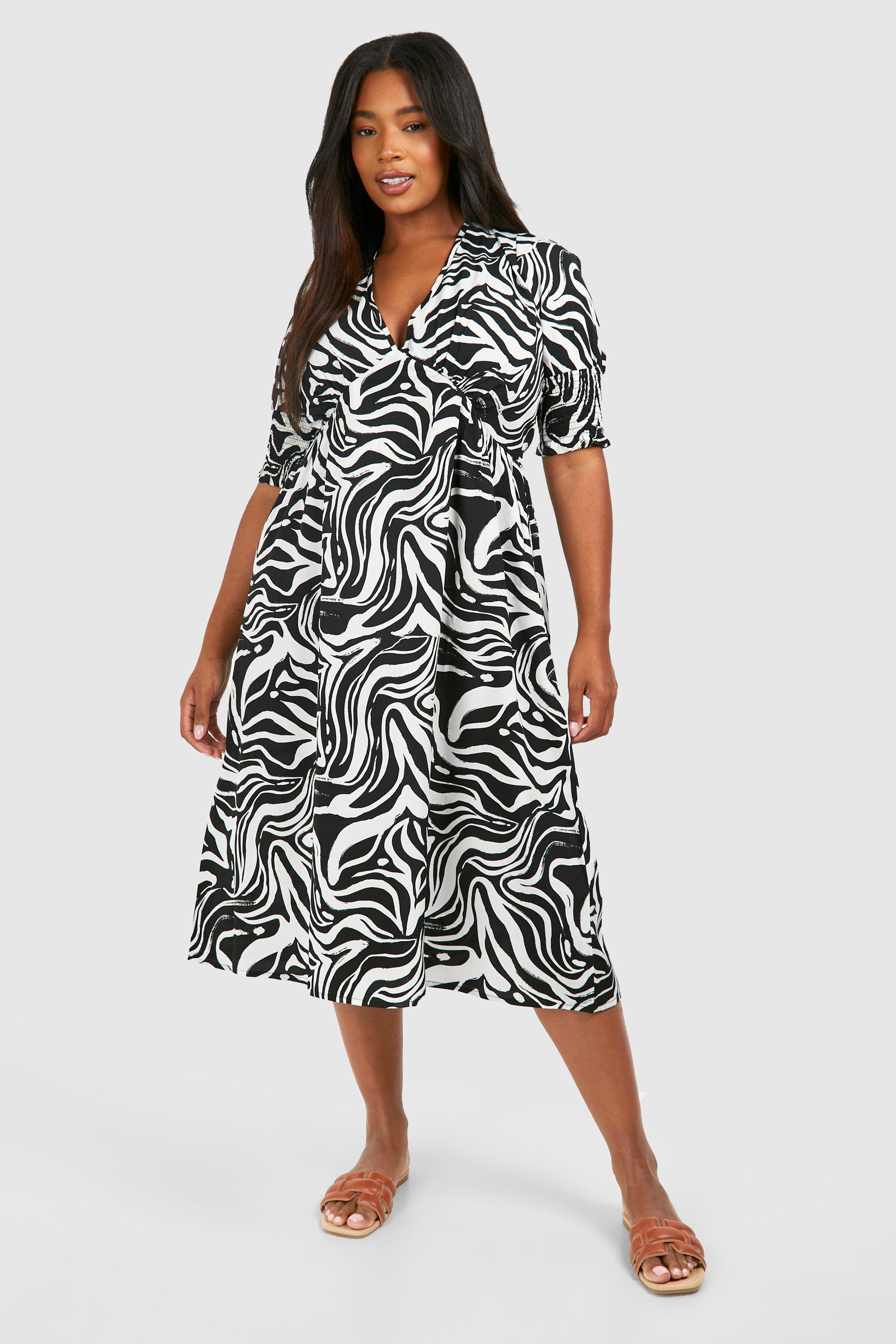 Plus Zebra Shirred Cuff Midi Dress boohoo DK
