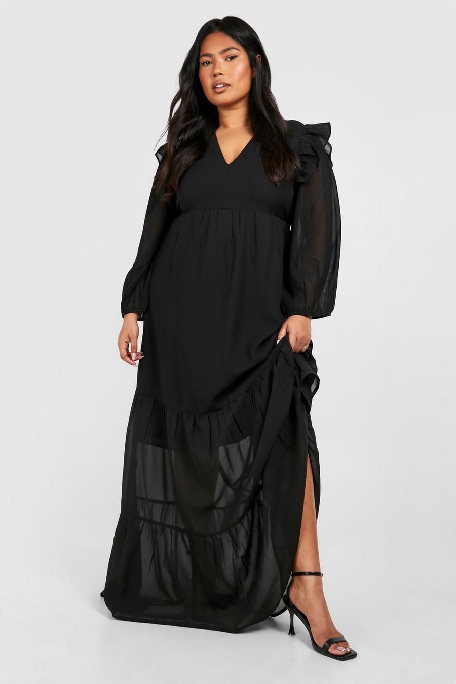 Plus Chiffon Smok-Kleid mit Volumenärmeln, Black image number 1