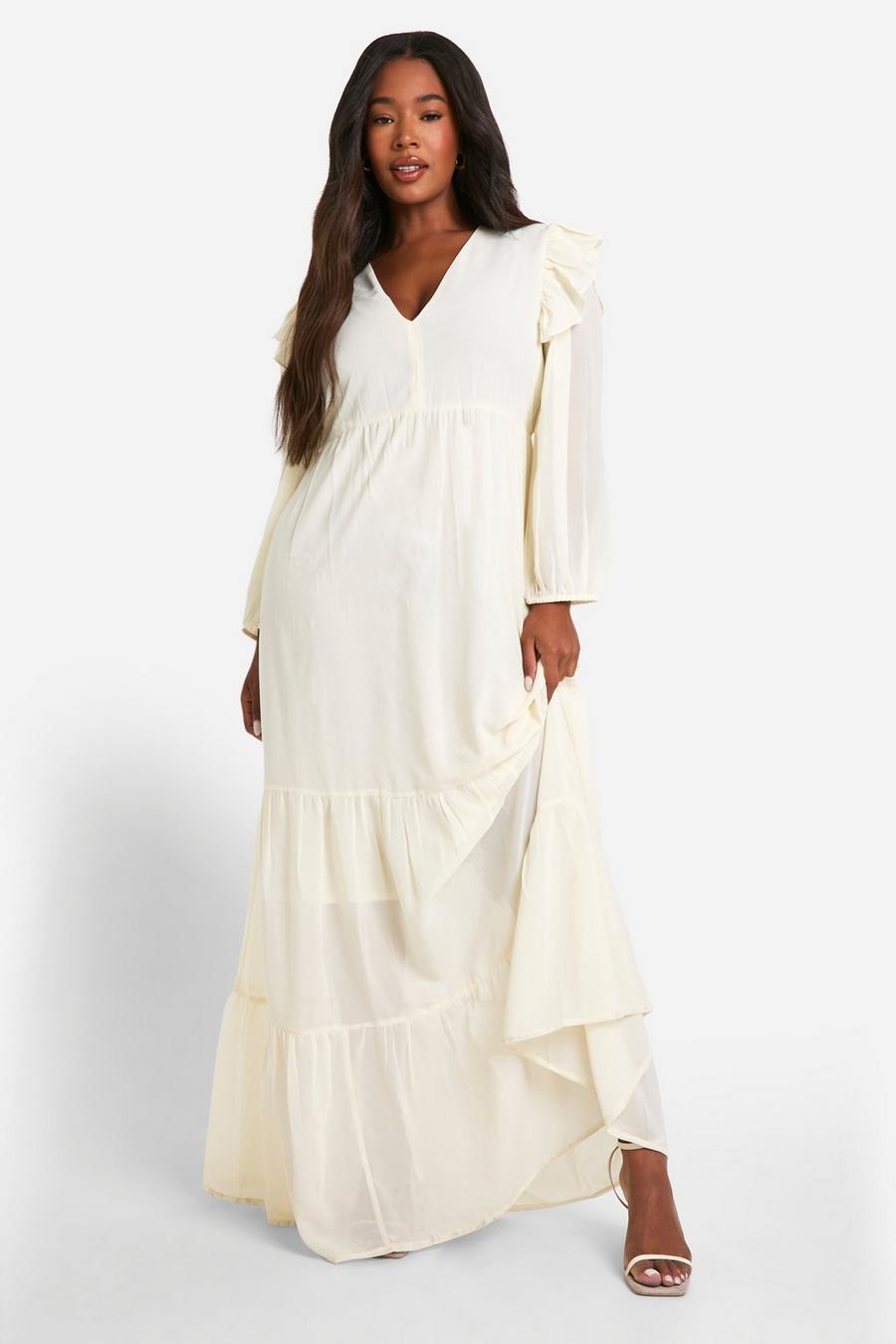 Plus Chiffon Smok-Kleid mit Volumenärmeln, Ivory image number 1