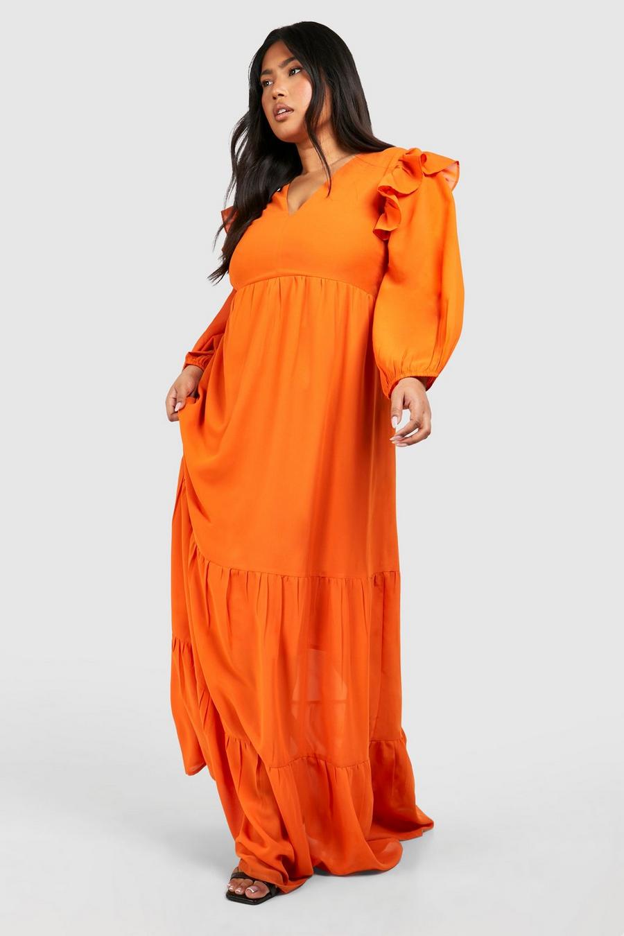 Plus Chiffon Smok-Kleid mit Volumenärmeln, Rust image number 1