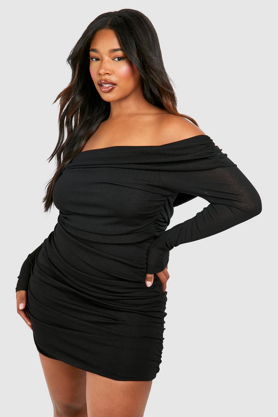 Black Plus Off The Shoulder Sheer Double Layer Bodycon Dress image number 1