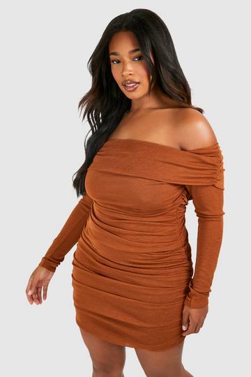 Plus Off The Shoulder Sheer Double Layer Bodycon Dress chocolate