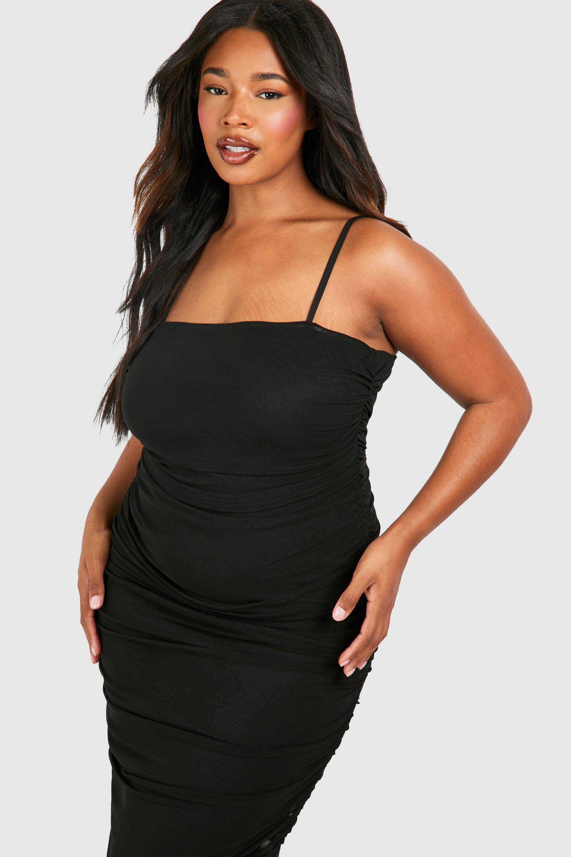 Black Strappy Mesh Ruched Midaxi Dress