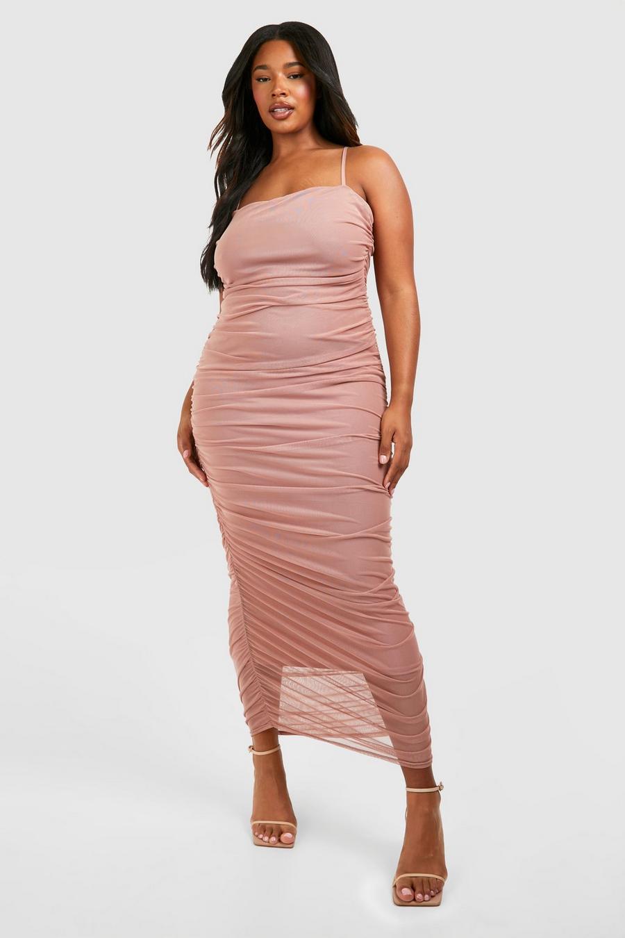 Rose Plus Strappy Mesh Ruched Midi Dress image number 1