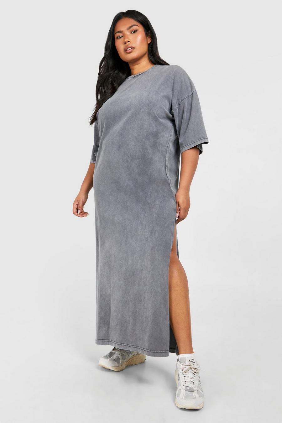 Charcoal Plus Acid Wash Oversized Midaxi T-shirt Dress image number 1
