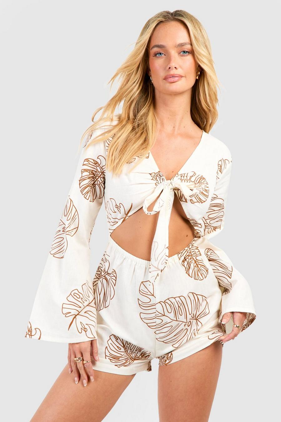 Sand Tropical Linen Look Tie Front Beach Playsuit image number 1