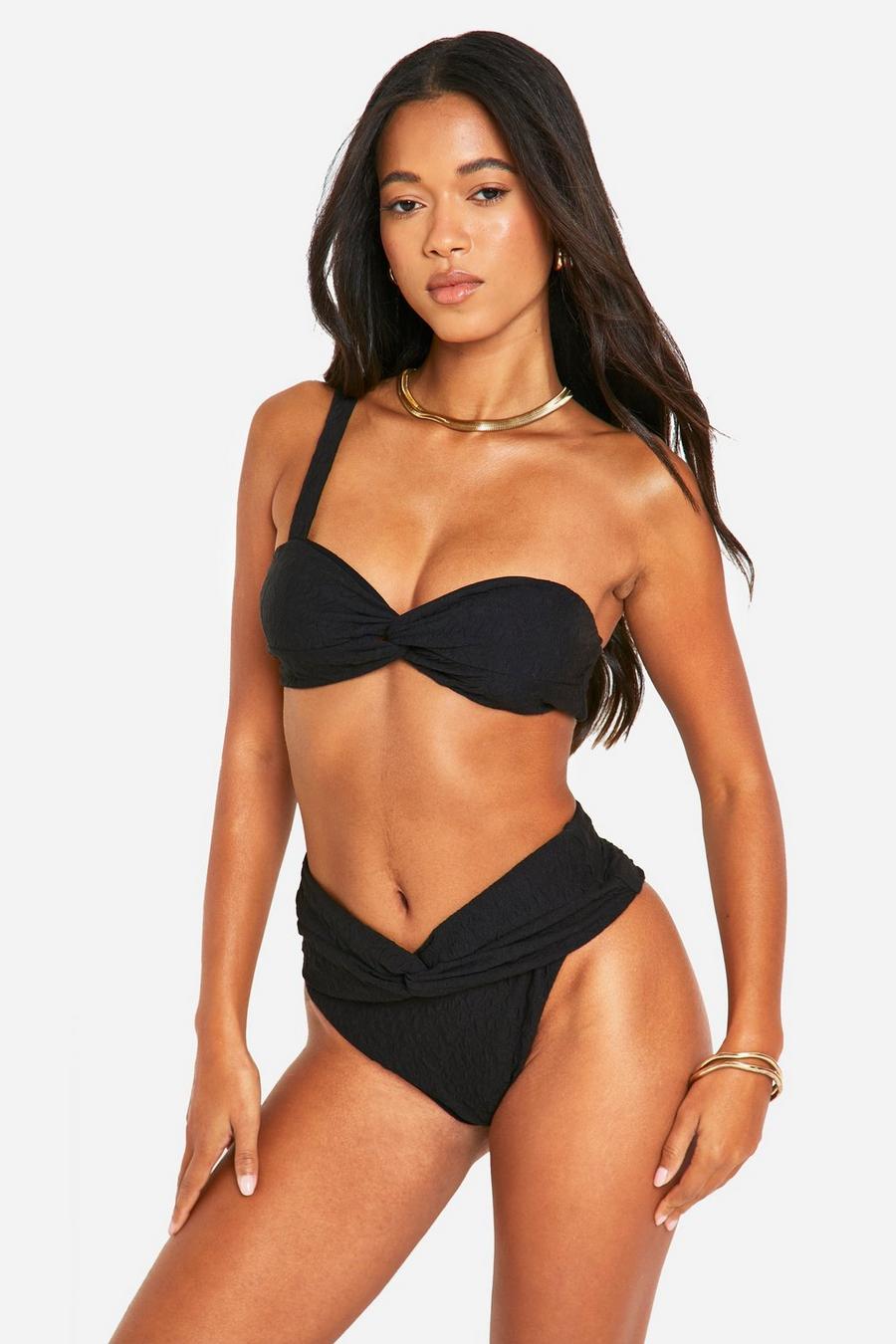 Black Twist Detail One Shoulder Textured Bikini Set image number 1