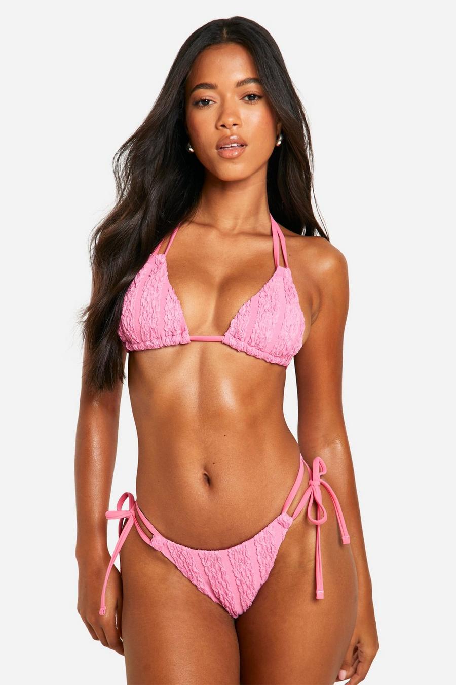 Pink Driehoekige Bikini Set Met Ruches, Textuur En Dubbele Bandjes