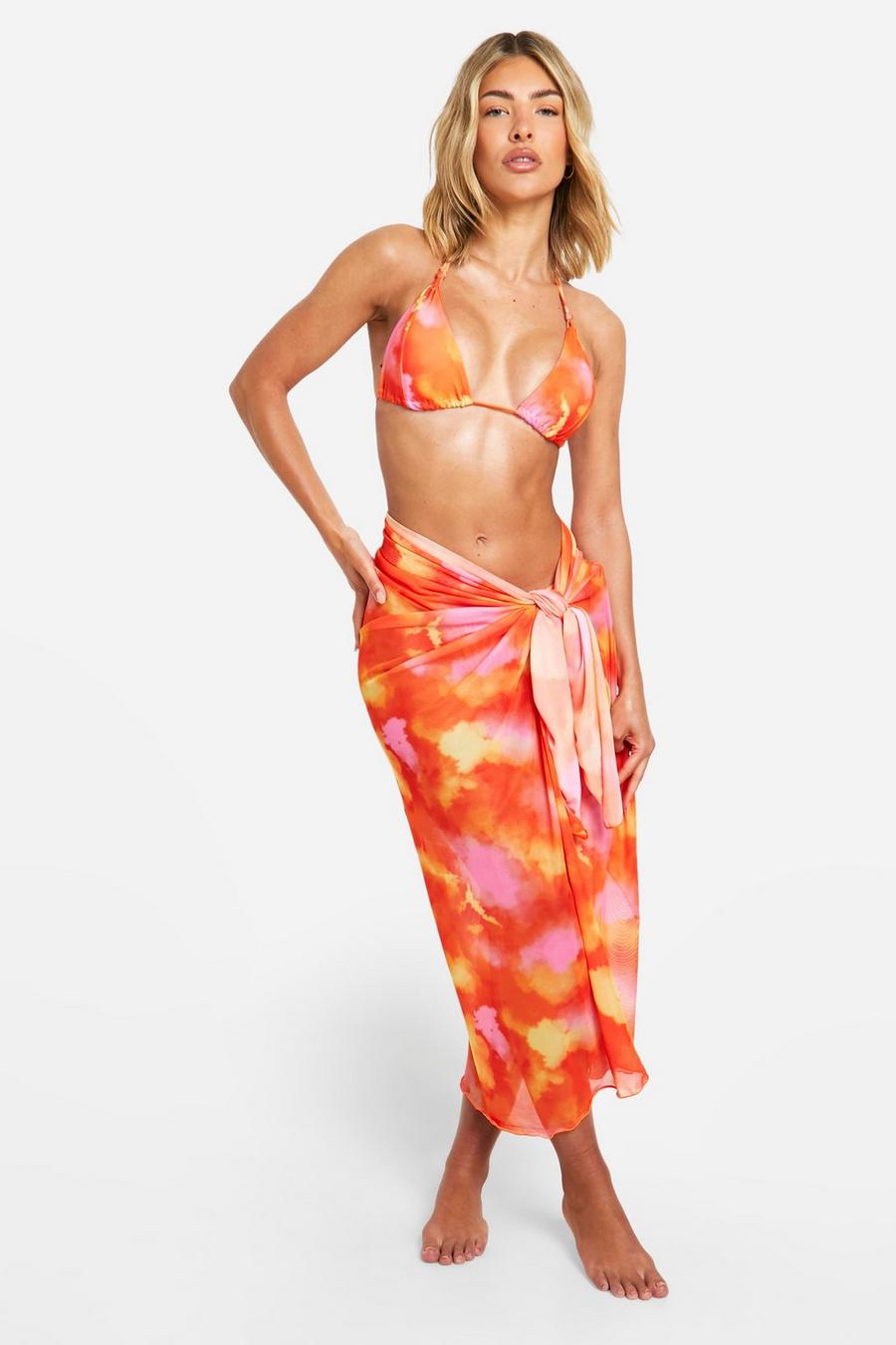 Bikini a triangolo in 3 pezzi in fantasia tie dye & pareo, Tropical orange image number 1
