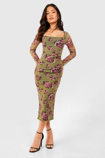 Petite Floral Mesh Square Neck Midaxi Dress olive
