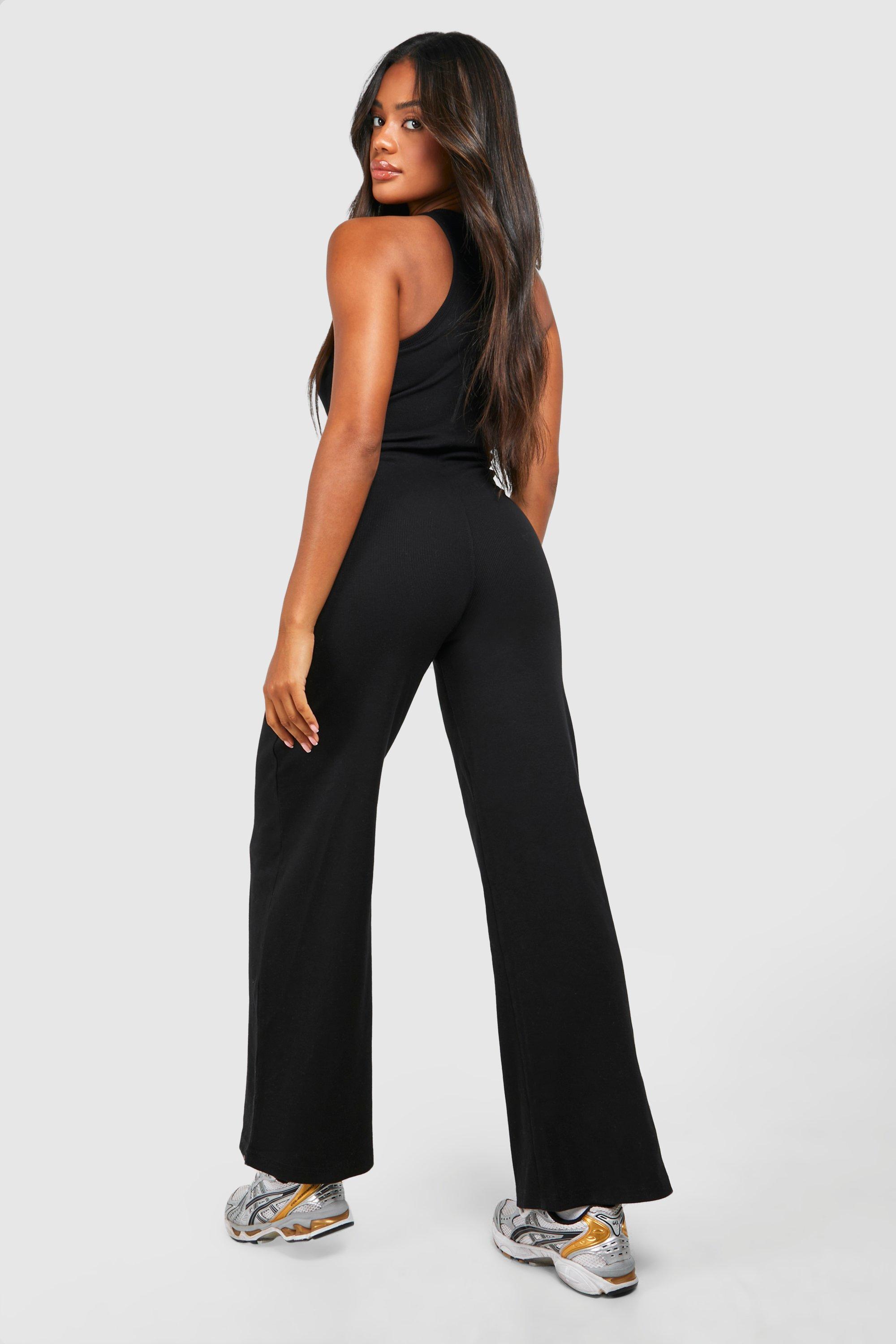 Tall Black Cotton Racer Neck Wide Leg Jumpsuit