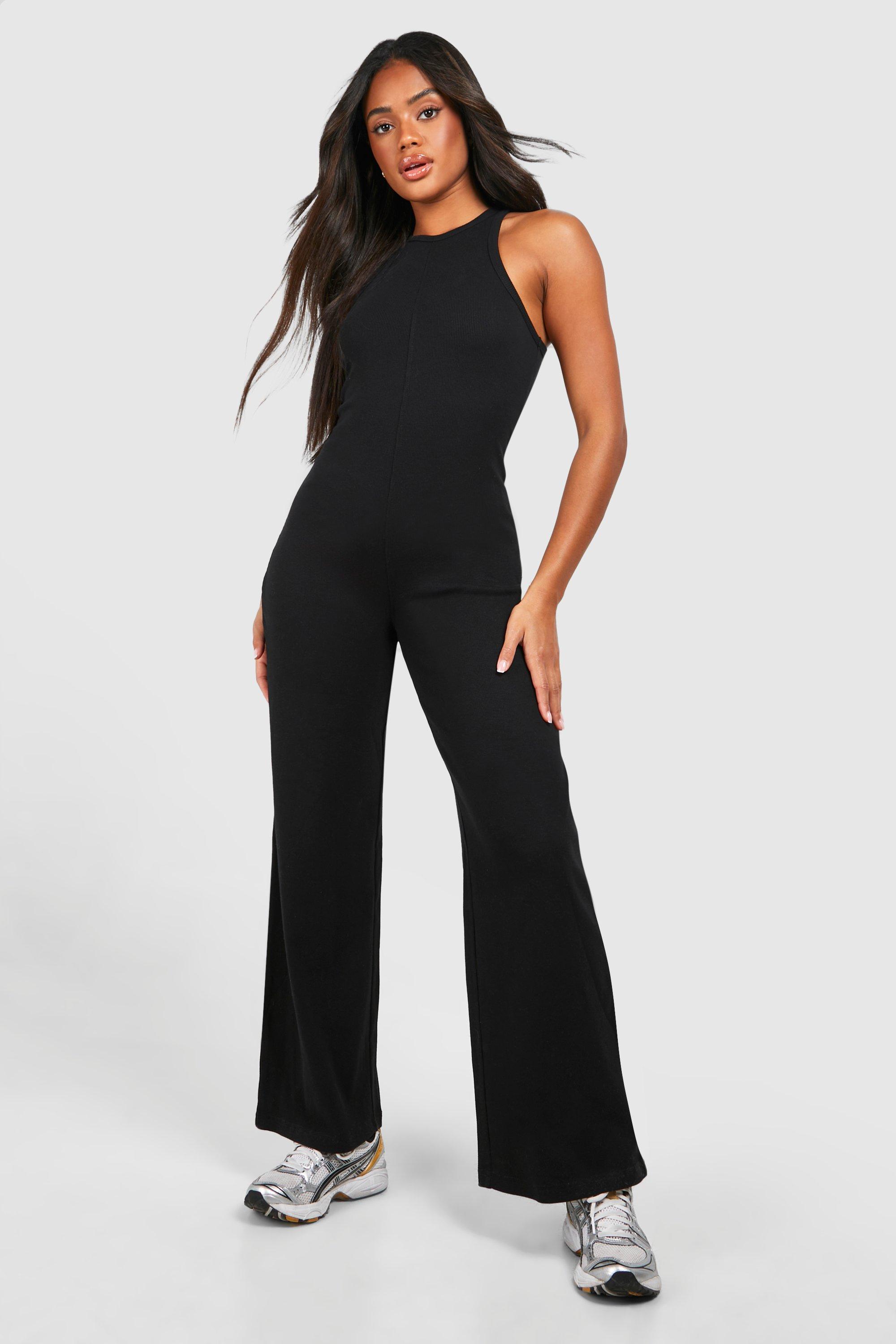 Cotton Rib Racer Neck Wide Leg Jumpsuit