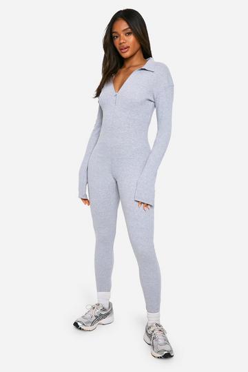 Soft Rib Zip Collar Unitard Jumpsuit grey