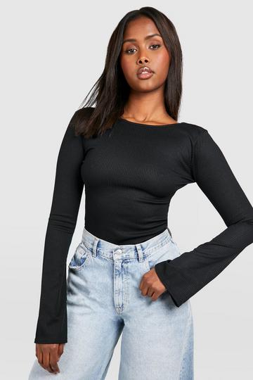 Rib Flare Sleeve Backless Top black