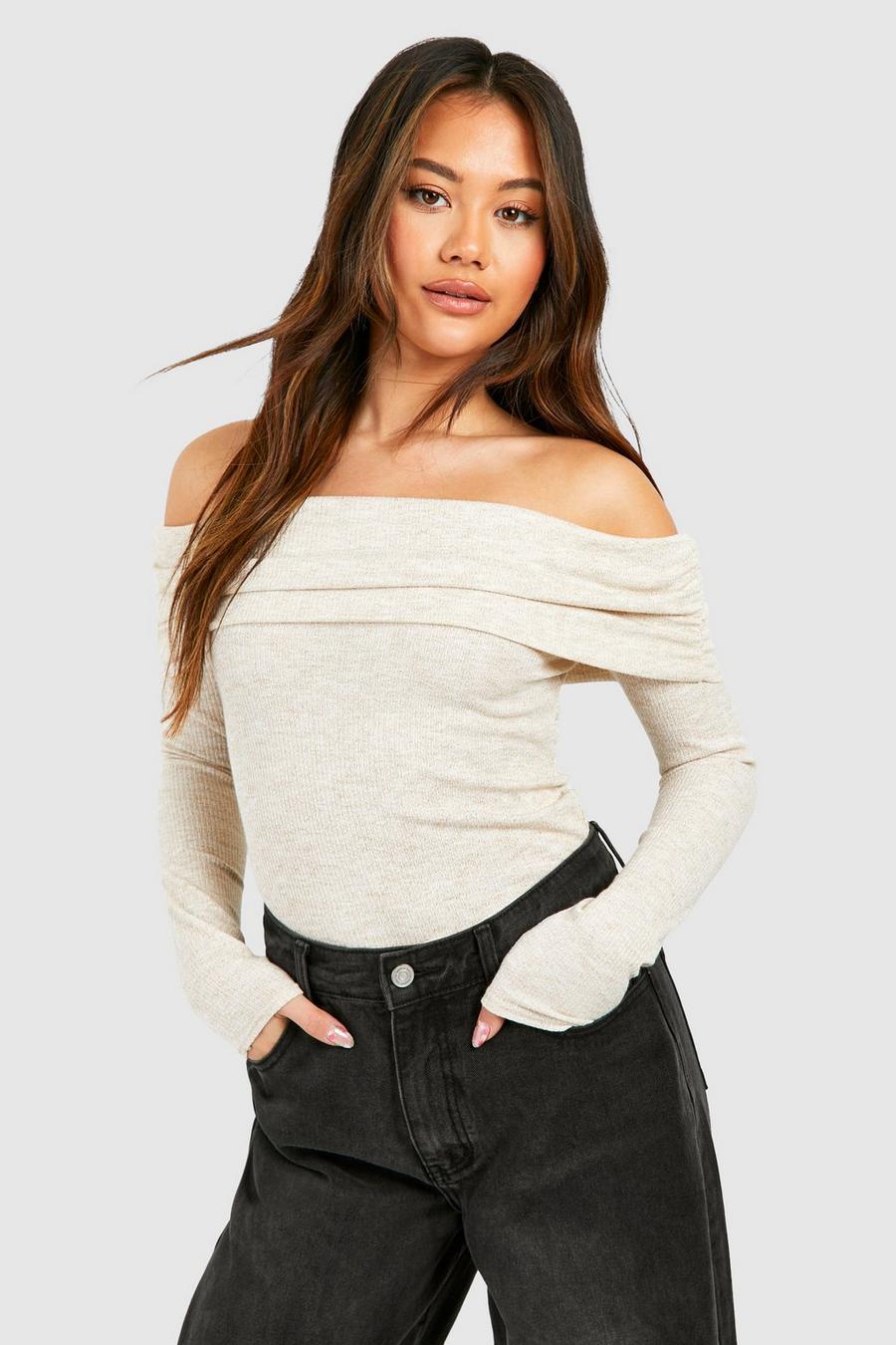 Oatmeal Rib Off The Shoulder Top image number 1