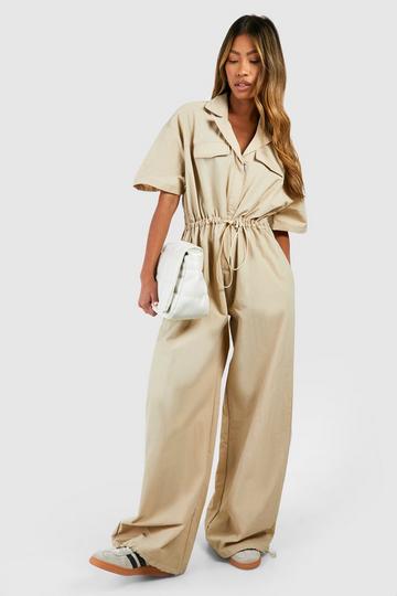 Geweven Cargo Utility Jumpsuit stone