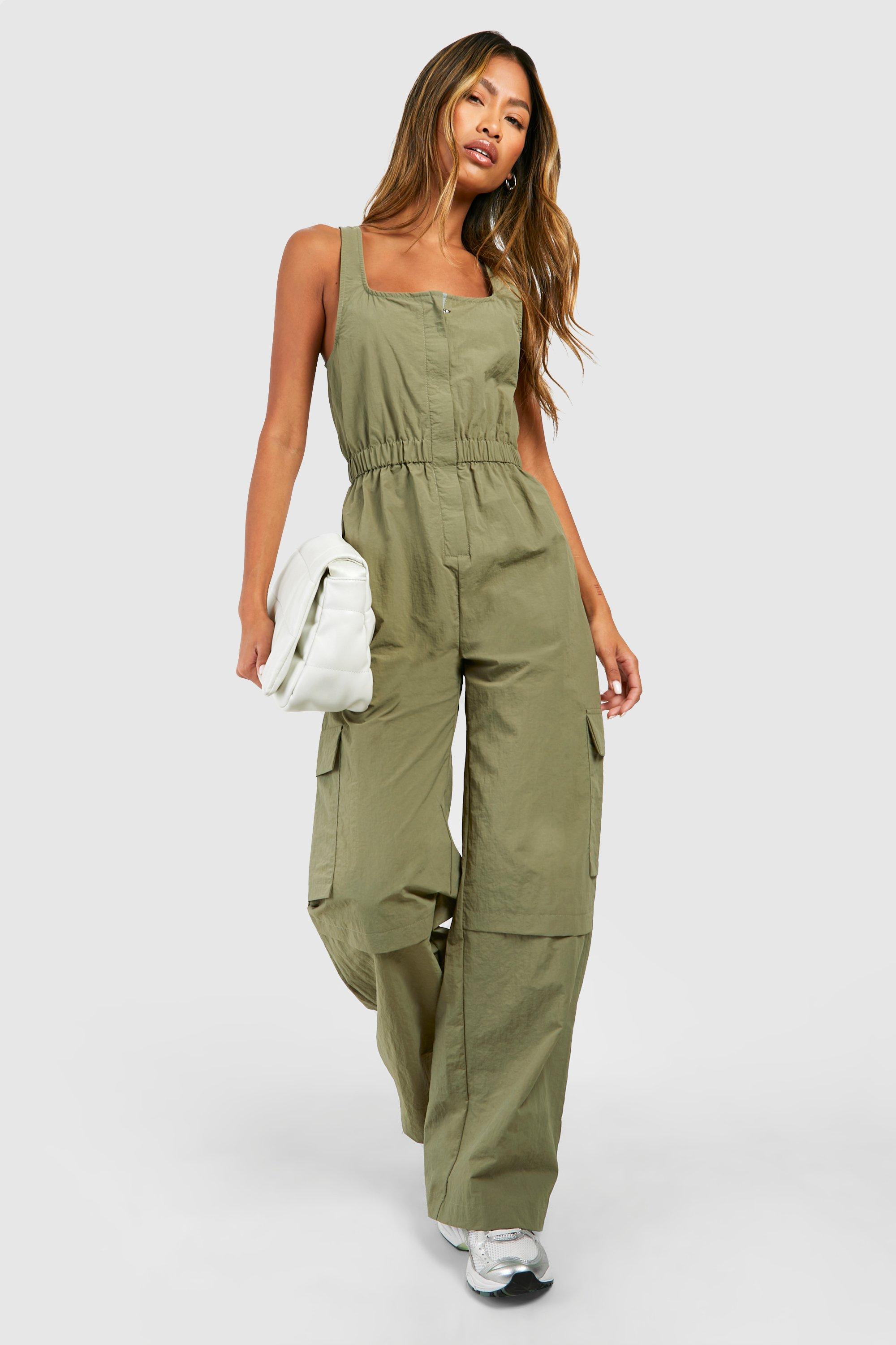 boohoo Women s Cargo Woven Utility Scoop Jumpsuit Green Full Length Jumpsuits