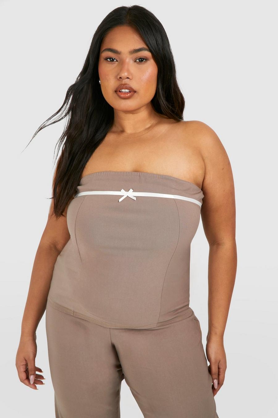 Taupe Plus Bow Detail Fold Over Bandeau Top 