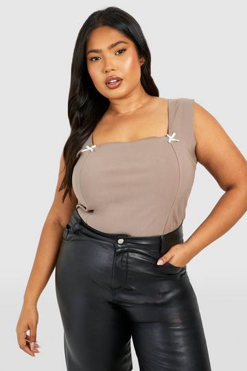 Plus Bow Detail Square Neck Top taupe