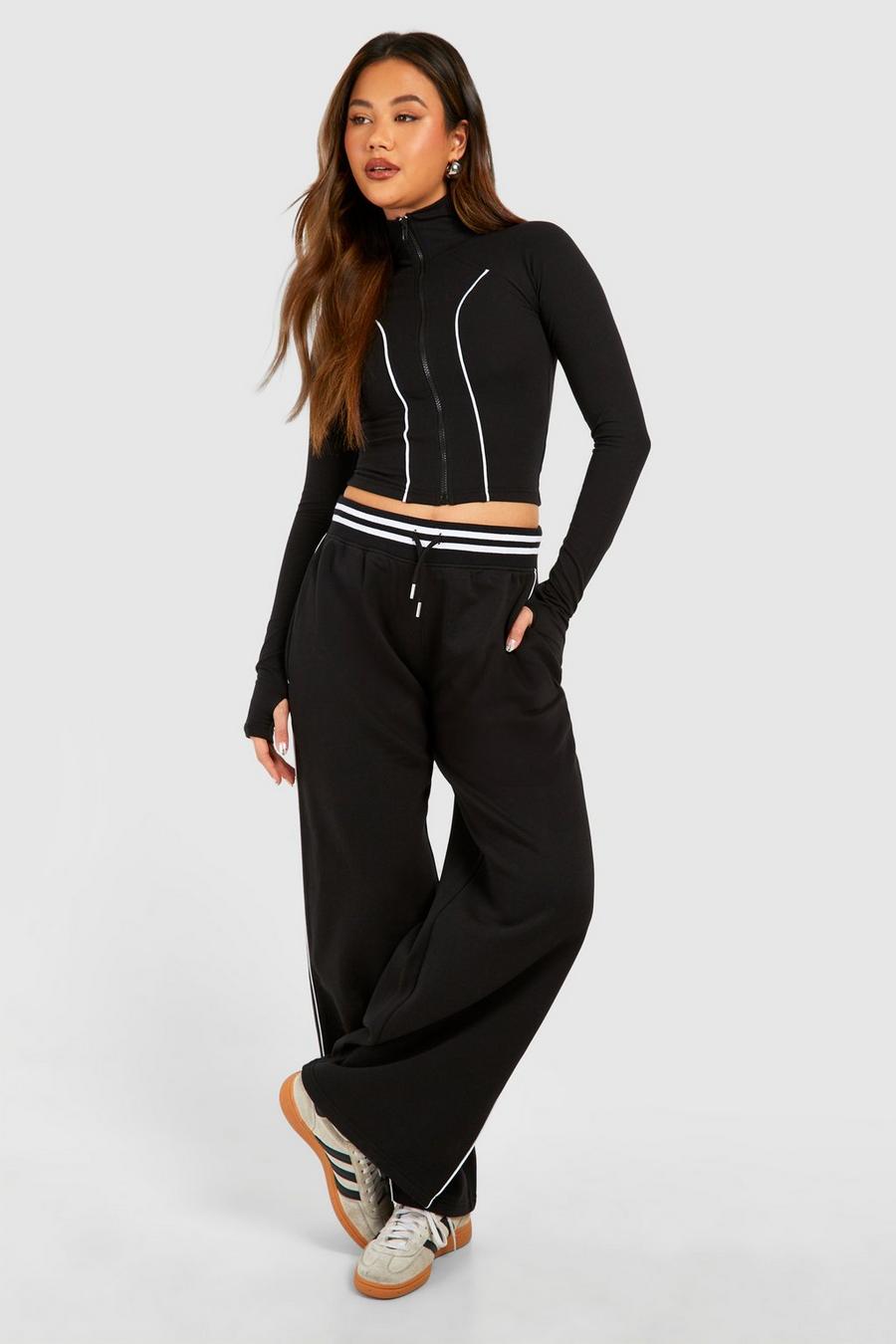 Black Piping Detail Zip Through Top And Straight Leg Jogger Set image number 1