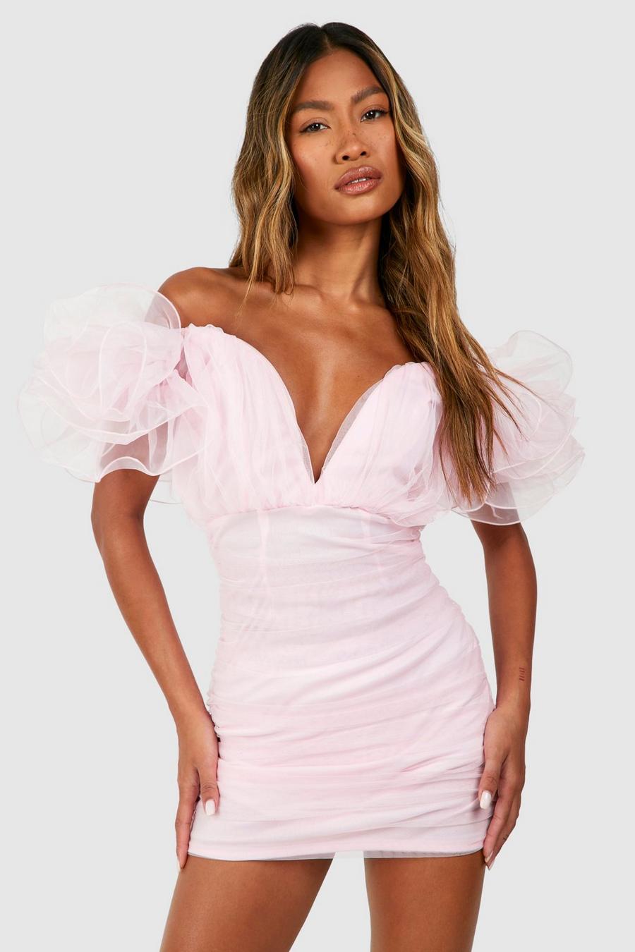Vestido mini de tul fruncido, Pale pink image number 1