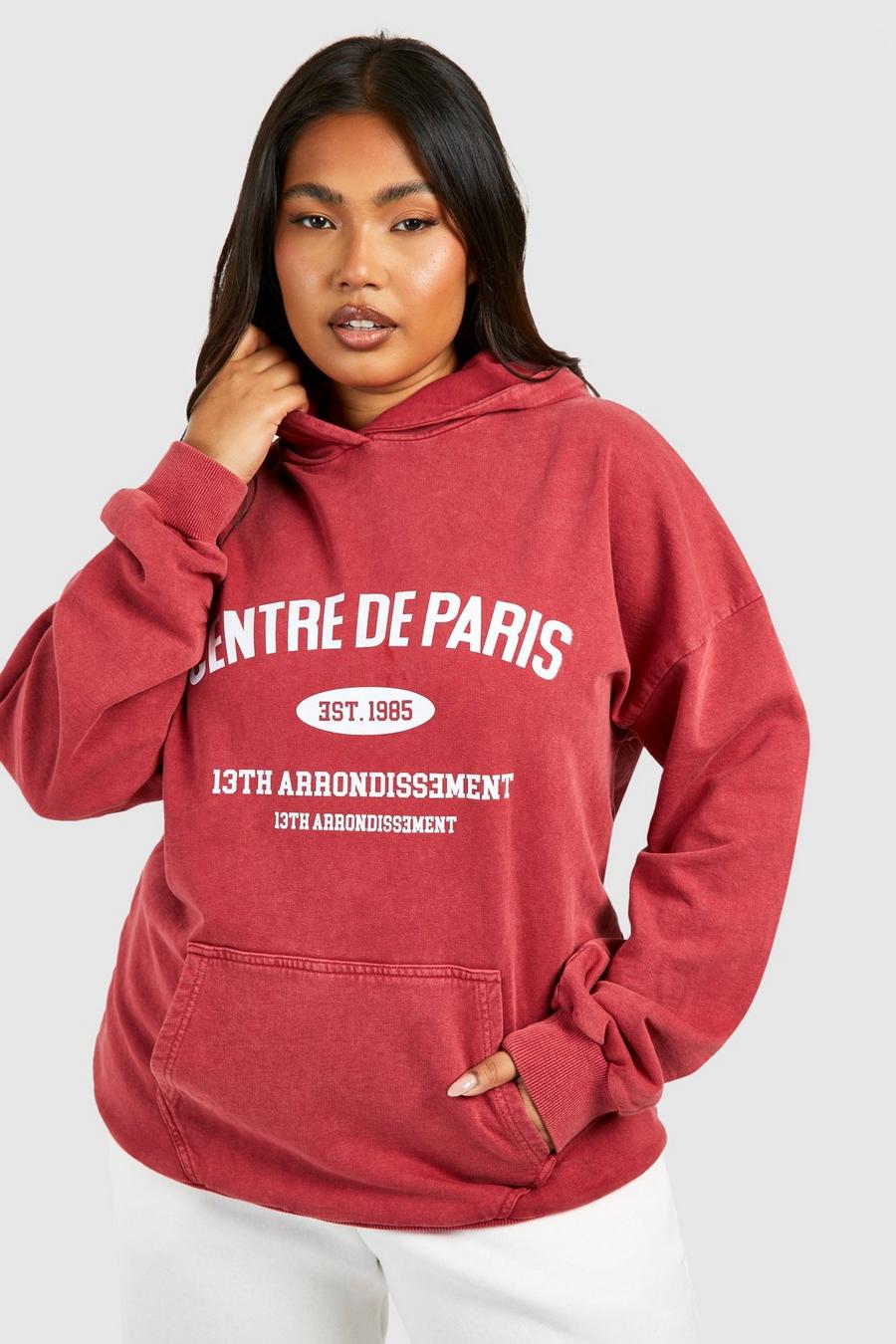 Grande taille - Sweat à capuche oversize délavé à slogan Paris, Cherry