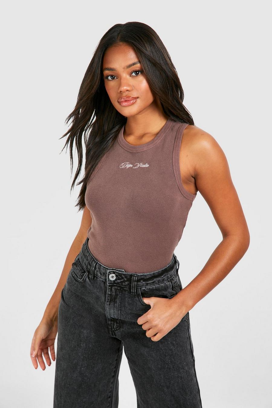 Dsgn Studio Embroidered Ribbed Racer Vest Top, Chocolate