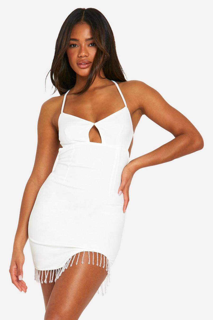 White Cut Out Strappy Diamante Hem Mini Dress image number 1