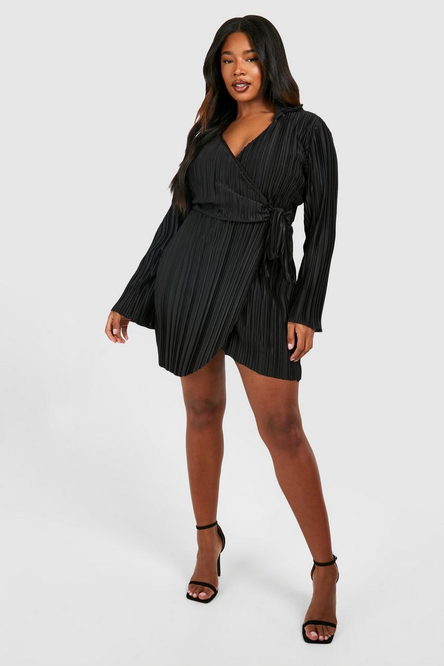 Black Plus Wide Plisse Wrap Shirt stripe-print Dress image number 1