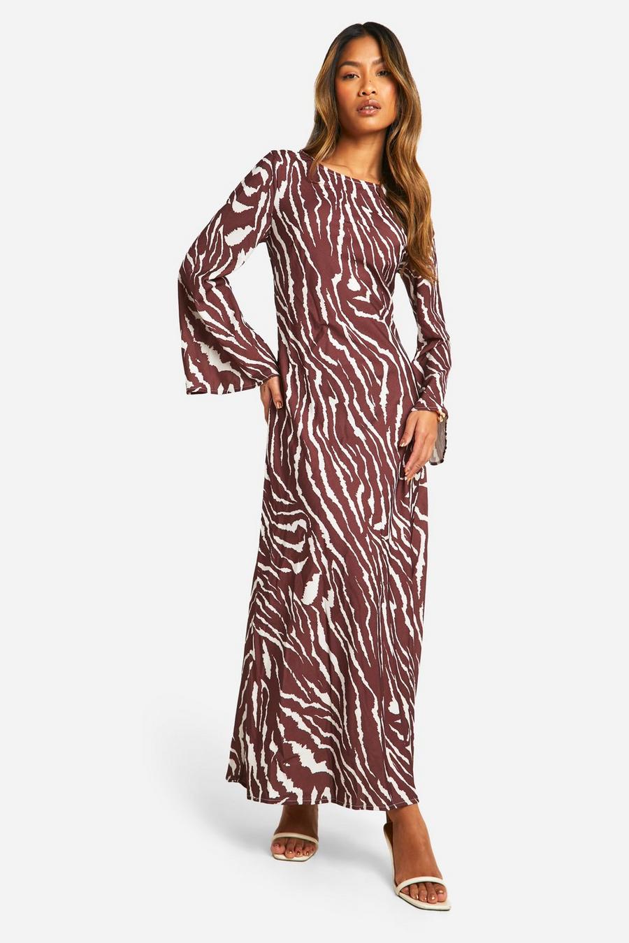 Brown Zebra Flare Sleeve Maxi Dress