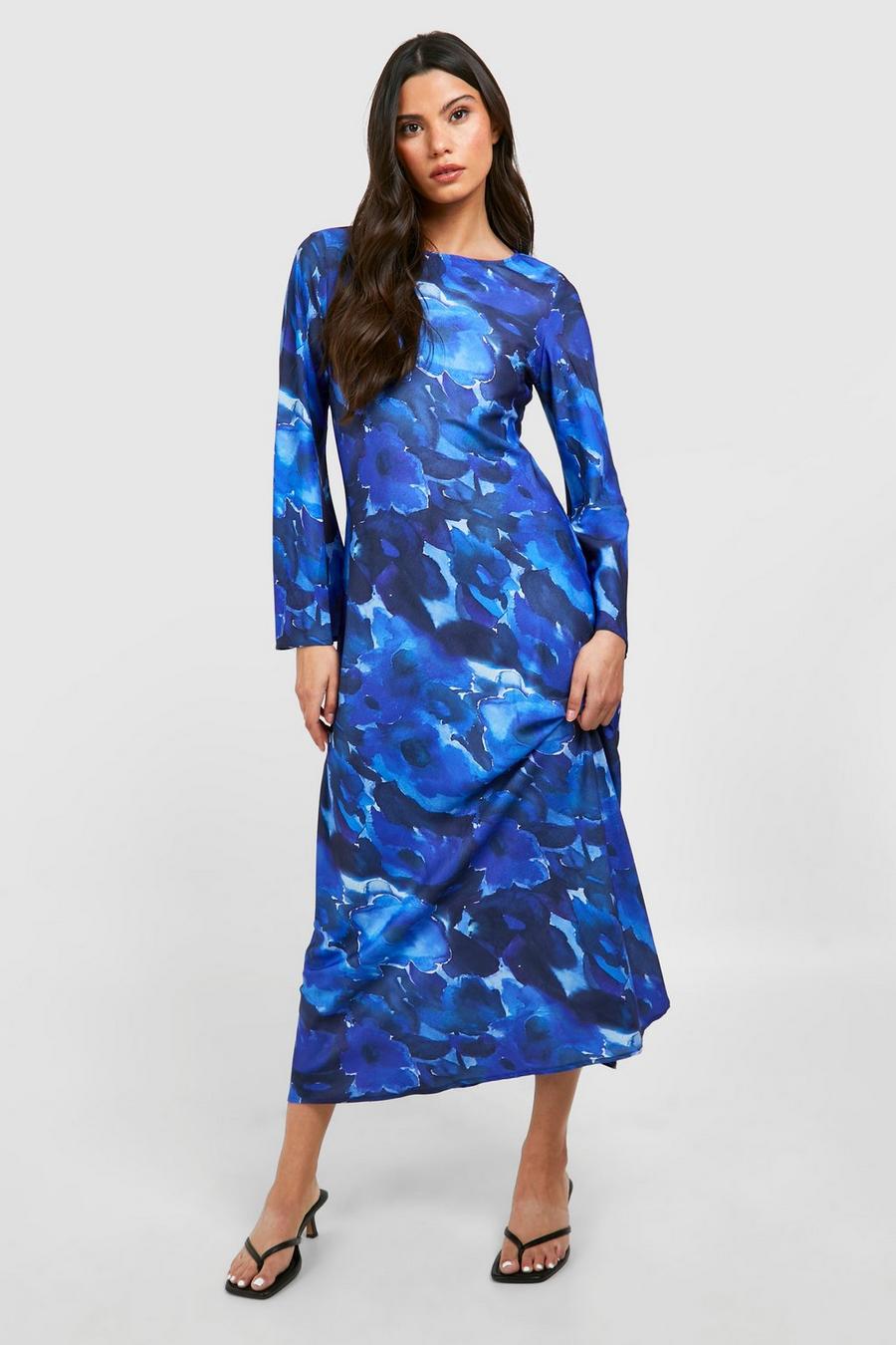 Blue Poppy Floral Flare Sleeve Maxi Dress
