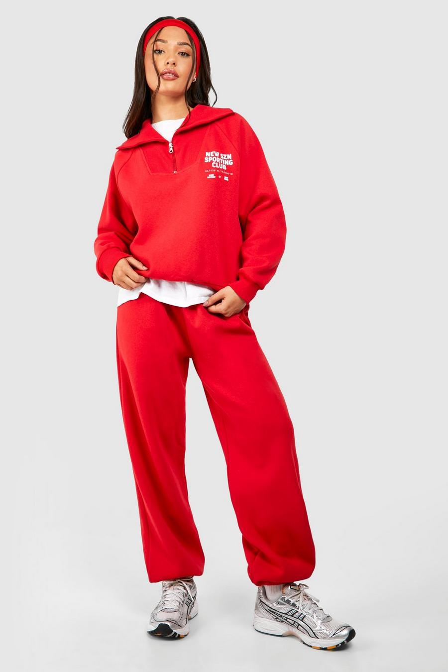Petite New Szn Sweatshirt-Trainingsanzug mit halbem Reißverschluss und Kragen, Red