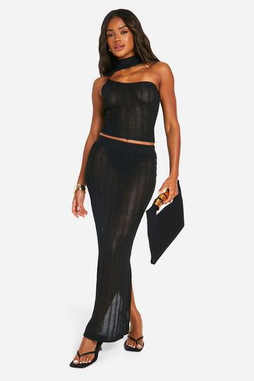 Bead Cut Out Detail Top And Maxi Skirt Set black