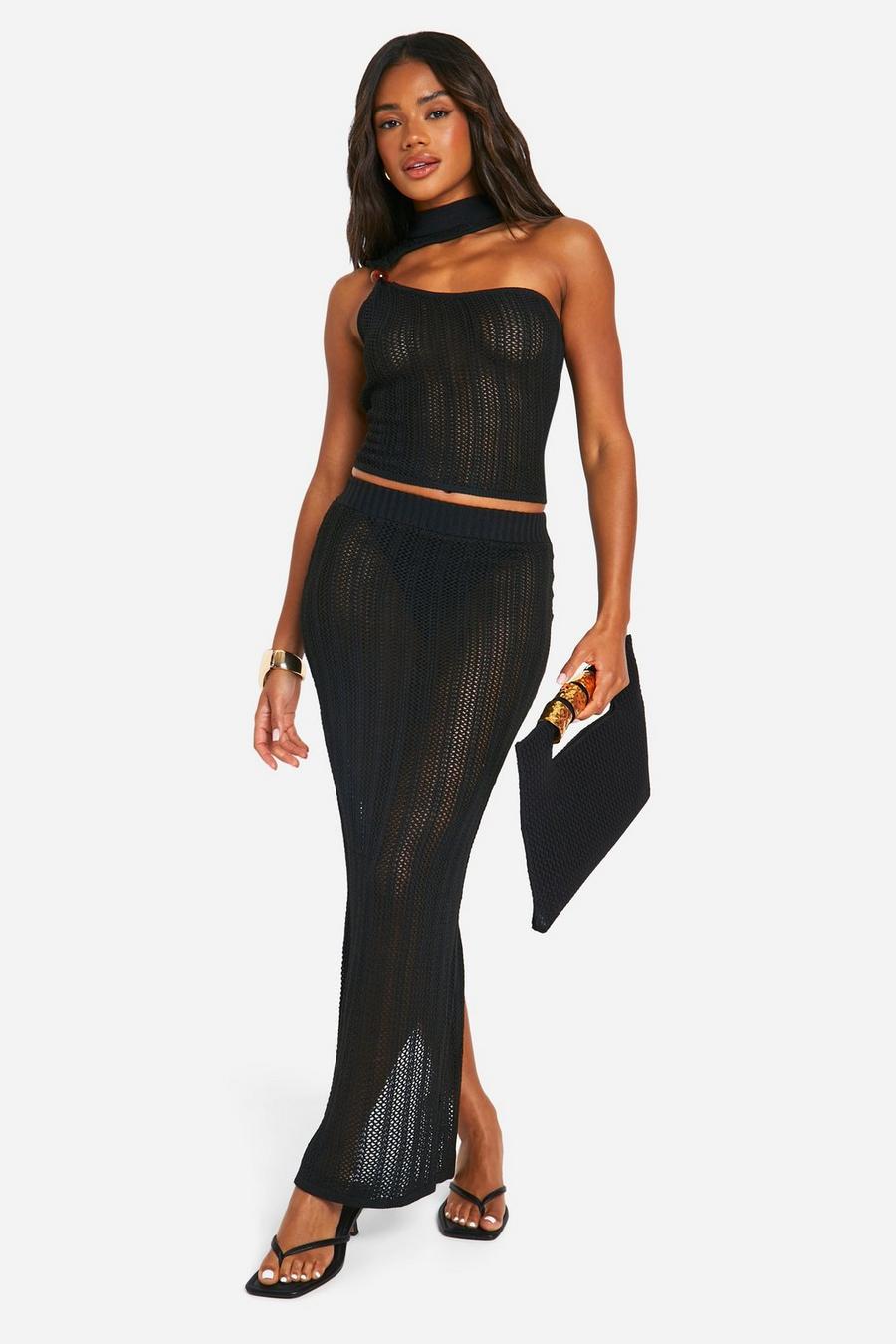 Black Bead Cut Out Detail Top And Maxi Skirt Set