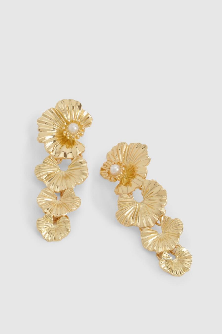 Gold Floral Pearl Detail Drop Earrings  image number 1