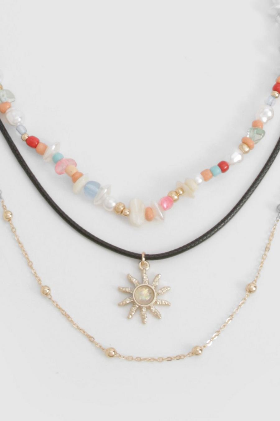 Multi Bead & Rope Detail Sun Pendant Necklace 